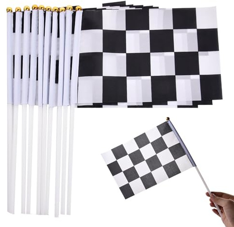 Shurzzesj Zielflaggen auf Stöcken, Rennsport-Zielflagge, Handstick-Flagge, karierte Flaggen, Schwarz-weiße Stabflagge, Rennflaggen-Banner mit Speerspitze, 10 Stück Renndekorationen
