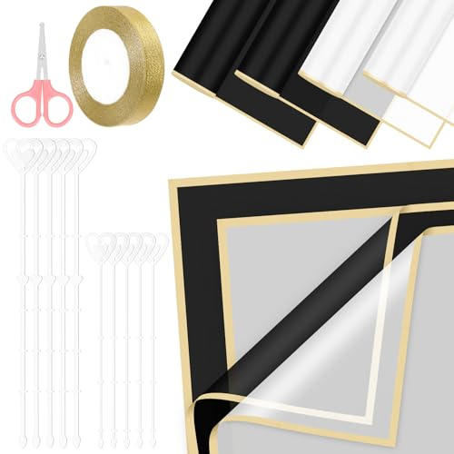 Glarks 52pcs Flower Wrapping Paper Set, einschließlich 40-Blatt Weiß und Schwarz wasserdichtes Bouquet Wrapping Paper, 10pcs Floral Pick Card Halter, 1-Rollenband und 1pcs rosa Schere für Blumenladen