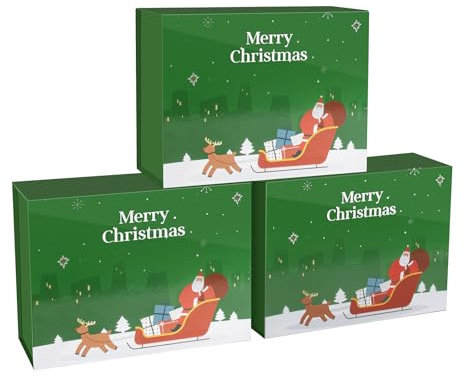 Weihnachtsgeschenkboxen mit Deckel, 3 Stück Grün Geschenkbox Heiligabend 24x18x9.4cm Zoll mit Etikett Umschlag Geschenkpapier Geschenkband, Faltbare Geschenkboxen mit Magnetverschluss