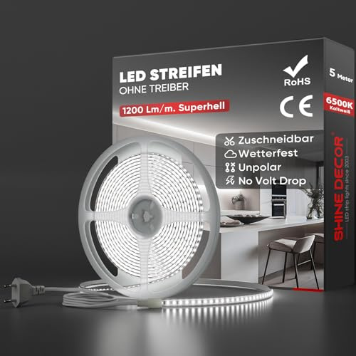 Shine Decor LED Streifen 5m, AC 220V 230V IP65 Wasserdicht LED Band, SMD 2835 120 leds/m Ultrahohe Helligkeit Lichtleiste für Küche Garten LED Beleuchtung (5M, Kaltes Weiß, CE Zertifiziert)