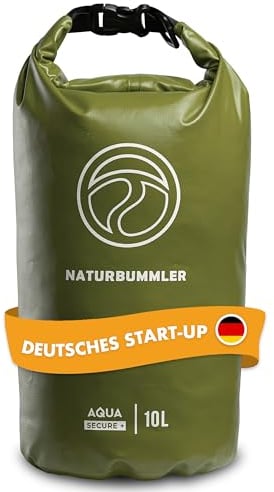 NATURBUMMLER® Dry Bag 10L [Aqua Secure+] 100 % wasserdichte Tasche mit Schultergurt & Rucksackfunktion – wasserfester Packsack für SUP, Angeln, Camping & Outdoor – Drybag Beutel (Naturgrün)