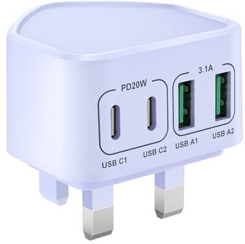 USB C Plug Fast Charge, 40W Mutil USB Plug UK 4-Port Dual Port USB C Power Adapter+ QC Wall Charger Head, Type C Charging Plug for iPhone 16 15 14 13 12 11 Pro Max Plus XS XR, Samsung Galaxy, iPad