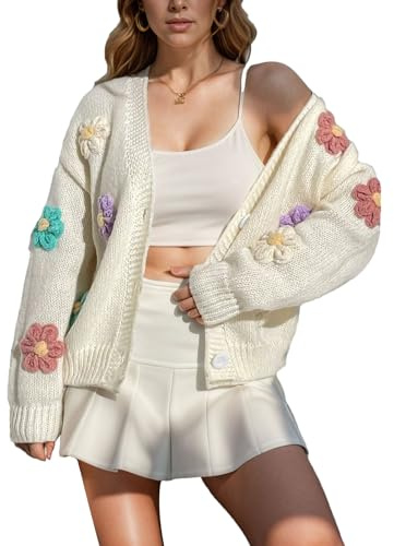 ANUFER Damen Bezaubernd Blume Häkeln Pullover V-Ausschnitt Knopfleiste Langarm Strickjacke Oberteile