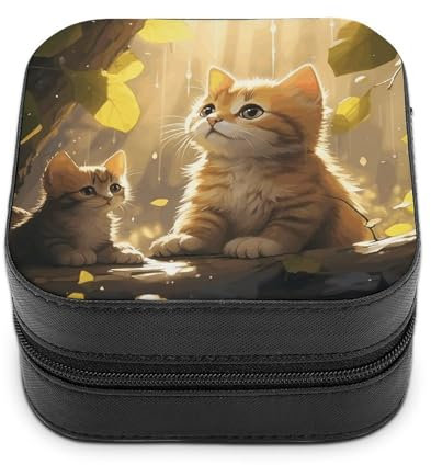 KTNML Schmuckkästchen aus Leder, Motiv: Katze sitzt unter einem Baum, bedrucktes Reise-Schmuckkästchen für Halsketten, Ohrringe und Ringe mit abnehmbaren Trennwänden