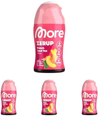 MORE Zerup, Peach Iced Tea, 65 ml, für bis zu 8 l Fertiggetränk, zuckerfreier Sirup mit echten Fruchtextrakten, vegan, zero Kalorien - made in Germany (Packung mit 4)