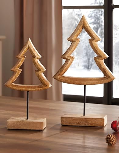 Dekoleidenschaft 2X Dekofigur Tanne aus Mango Holz, 25 + 32 cm hoch, Weihnachtsdeko, Winterdeko, Holzdeko