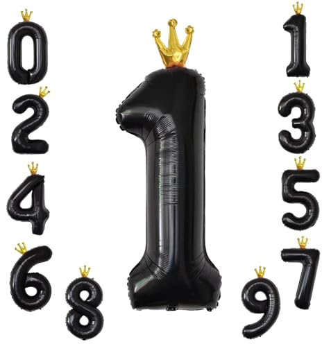 KOBOKO Luftballon 1. Geburtstag Zahl 1 Ballon, 40 Zoll Zahlen Luftballon 1 Geburtstagsdeko Schwarz, Folienballon 1 Geburtstag, Helium Ballon 1 mit Krone für Mädchen Jungen Geburtstag Jahrestag Deko