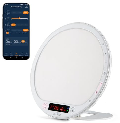 JUXLamp Lichttherapie-Wecker, Wecklicht, 10.000 Lux, Sonnenaufgangslampe, helles Licht, App-Steuerung, eingebauter Lithium-Akku, tragbar für Reisen