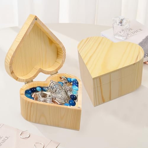inheming 2 Stück Herz Box aus Holz, Holzkiste in Herzform, Holzbox mit Deckel Klein,Herz Holz Aufbewahrungsbox für Armband, Ohrringe, Halskette, Brosche