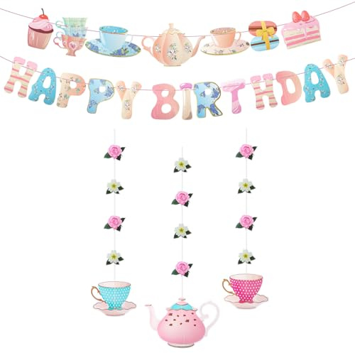 Happy Birthday Tea Party Decorations - Floral Hanging Garland With Photo Booth Backdrop and Banner for Afternoon Celebration Accessories