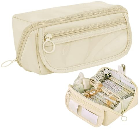 Lvjkes Federmäppchen, Mäppchen mit 9 Fächern und großem Fassungsvermögen, Multifunktionales große Eröffnung federmappe, Langlebig und wasserdicht, Für Kinder, Frauen, Männer, Jugendliche (Beige)