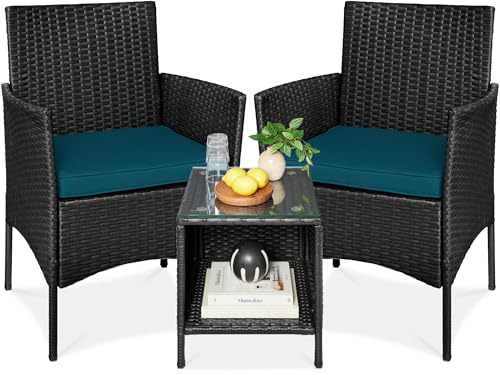 Best Choice Products 3-Piece Outdoor Wicker Conversation Bistro Set, Space Saving Patio Furniture for Garden w/Side Table - Black/Peacock