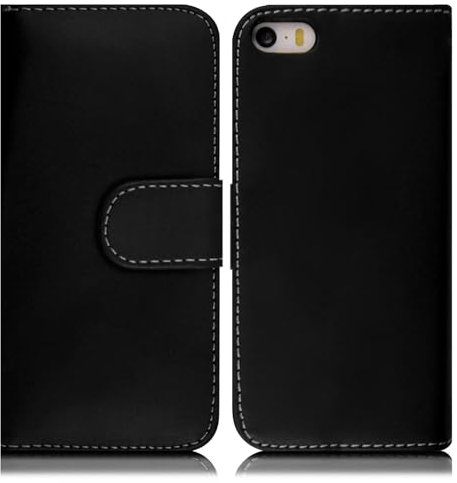 Case for iPhone 5 5S SE 1st Gen (2016) Premium PU Leather Flip Black Book Wallet Case With Card Slots and Kickstand Magnetic Closure