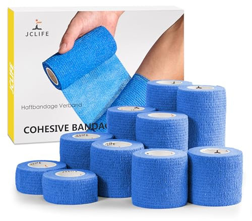 JCLIFE Vendaje Elástico Autoadhesivo Set de 10 Rollos, Ancho de 2,5 a 10 cm, Antideslizante, Ideal para Protección Deportiva y Vendajes para Mascotas - Azul