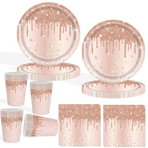 COLANANA Party Supplies,60PCS Rose Gold Birthday Decorations Party Tableware Set Contain Plates Cups Napkin for Baby Shower Birthday Wedding Partys Anniversary(20 Guests)