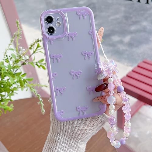 ZTUOK Compatible with iPhone 11 Case for Women Girls,Cute Ribbon Bowknot Pattern Soft TPU Shockproof Protective Phone Case with Pearl Chain Clear Protection Cover for iPhone 11-Purple