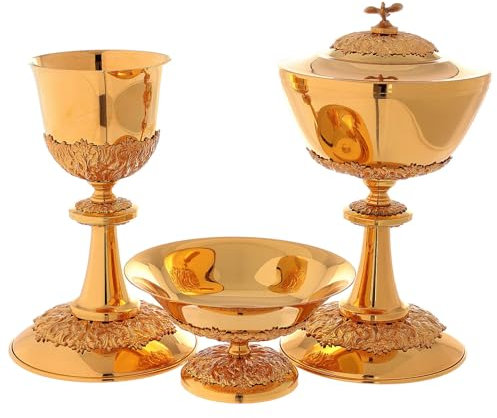 Holyart Kelch Ziborium, Hostienschale aus vergoldetem Messing und Neusilber, mit floralem Dekor, Kelch