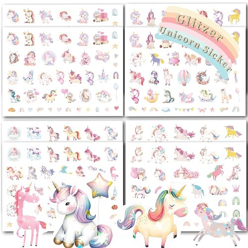 FloraVigo 8pcs Glitzeraufkleber sticker kinder, 300 Aufkleber mit Tiermustern für Kinder, Mädchen, Sammelalben, Alben, Geschenke (Einhorn)