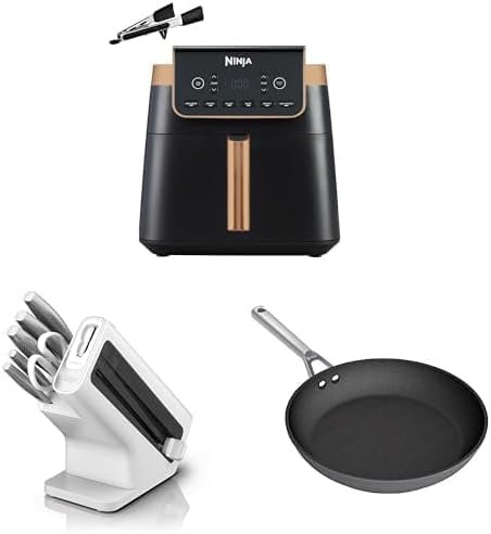 Ninja Heißluftfritteuse MAX PRO, 6,2 L Schwarz/Kupfer, AF180EUCP + Ninja StaySharp Messerblock Weiß, K62006EUWH + Ninja Foodi ZEROSTICK 28cm Bratpfanne, Grau, C30028EU