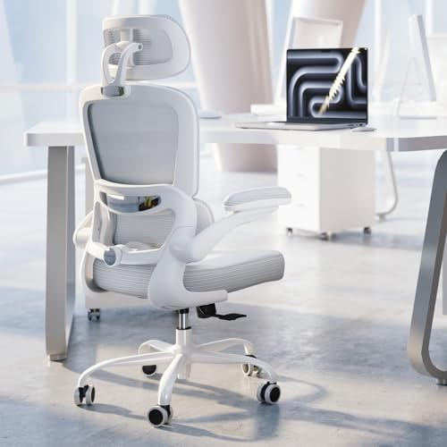 TRALT Ergonomic Office Chair - Desk Chair with Adjustable Headrest Lumbar Support Computer Chair - Mesh Comfy Chair with Flip-up Armrests - Gaming Chairs for Adults Home Office (Leather, White)