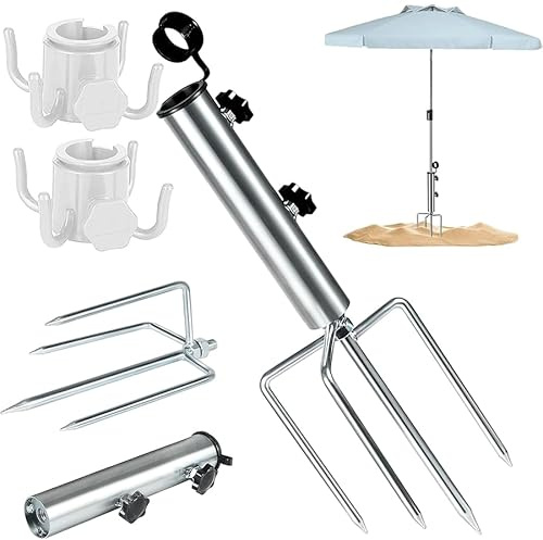 Guidre Sonnenschirmständer mit Rasendorn, Schirmständer mit 4 Heringen und Sonnenschirm, Schirmständer Erdspieß Abnehmbar Einstellbar Robuster Bodenanker für Angeln,Garten, Strand Gras