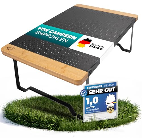 ARCTA® Campingtisch klappbar klein – Faltbarer Dachzelttisch mit Holzplatte & Aluminiumgestell – Camping Tisch faltbar – Leichter Klapptisch Camping für Outdoor, Strand, Picknick & Zelt
