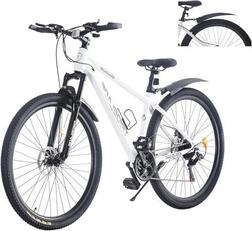 LSBIKE 24 26 27.5 29Inch Mountain Bike 21 Speed Drivetrain Hardtail Bicycle Mens Women Mountain Bike With Shock Lightweight Sport Cycling Bike for Adult with Mudguard MTB Bicycle (White, 26inch)