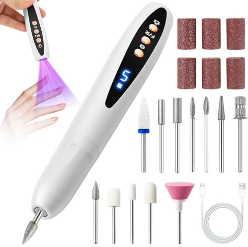 Cordless Electric Nail File,Electric Nail Drill,12 in 1 Rechargeable Nail Files Kit with UV Light Lamp,5 Adjustable Speeds,LCD Display,12000 RPM,Nail Drill for Acrylic & Gel Nails, Manicure & Pedicure