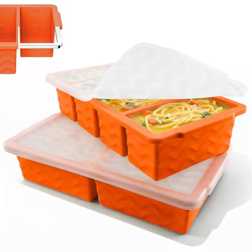 SamahCo 2-Pack Silicone Freezer Moulds with Lid & Steel Frame, Soup Freezer Tray for Meal Prep and Batch Cooking, BPA Free Food Grade Silicone Soup Containers, LFGB Compliant (2&4 Cavity, Orange)