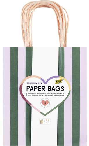 Folia 21827/8 - Paper Bags Stripes Glow UP M, 8 Papiertüten aus 110 g/m² FSC-Mix Papier in 4 Farben, ca. 18 x 21 x 8 cm, zum Basteln, Verzieren und Verschenken
