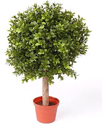 Bola de boj en tronco de aprox. 35 cm de alto con aprox. 252 hojas de plástico de polietileno, resistente a los rayos UV, pequeño boj con tronco de madera auténtica en maceta