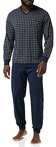 Schiesser Herren Lang Mit Bündchen - Nightwear Set Zweiteiliger Schlafanzug, Dunkelblau_159618, 52 EU