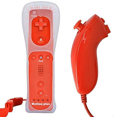 COOLEAD 2 en 1 Manette Télécommande Nunchunk pour Nintendo avec Motion Plus Wii / Wii U (Six couleurs à option), Remote avec étui en Silicone - Rouge