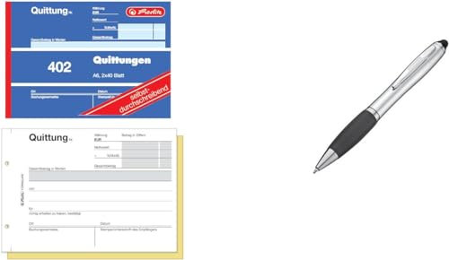 4x Quittungsblock 402 / A6 quer / 2x40 Blatt / selbstdurchschreibend + Touchpen Kugelschreiber mit Gravur