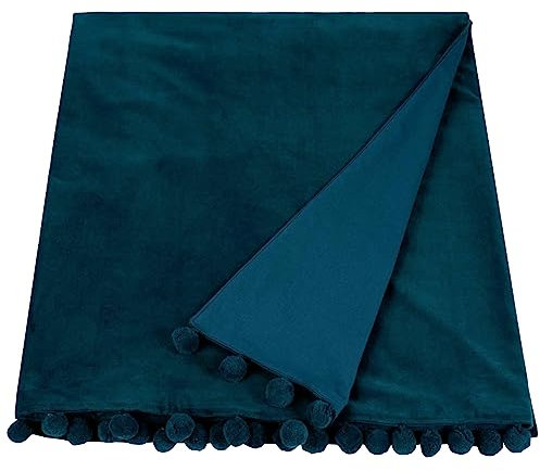 Ragged Rose 140 cm x 180 cm Throw Blanket - Pom Pom Throw Made of Cotton Velvet with Pompom Trims on Sides - Versatile Cotton Velvet Blanket for Sofa & Bed