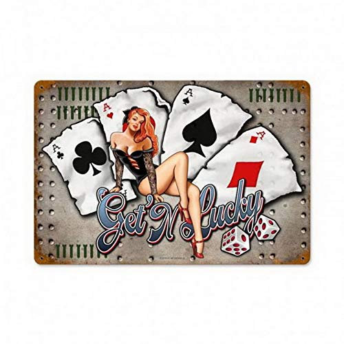 ABLERTRADE Plaque en métal vintage Poker & Dice « Gettin' Lucky Pinup Girl » pour garage - 20,3 x 30,5 cm
