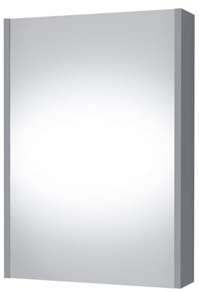 Planetmöbel Spiegelschrank Bad 50 cm, Badezimmerschrank, Aufbewahrungsschrank mit Tür und 2 Glasregalböden, 47,6 x 67,6 x 13,8 cm, Grau Matt