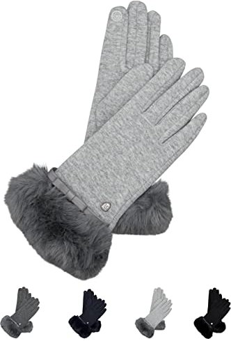 AKAROA ESTD 2019 Damen Handschuhe Liz, Touchscreen Handschuhe, extra weiches Teddyfutter, elastisches Jerseymaterial, Kunstfellstulpe, 100% vegan, hellgrau melange, S/M
