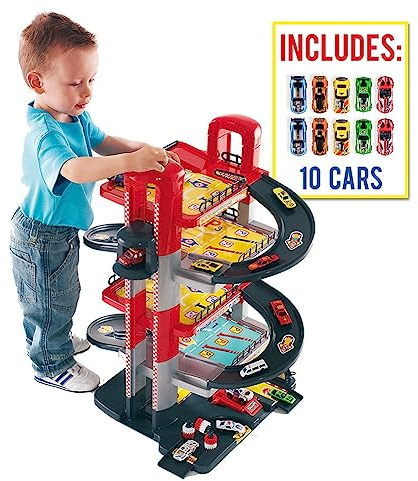 MOLTO | 5 Stockwerke Parkhaus mit Garage, Rampen, Waschraum, Aufzug, Tankstelle und gesalbter Bereich | Enthält 10 Spielzeugautos | Kinderspielzeug | + 3 Jahre