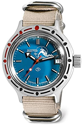 VOSTOK | Scuba Dude Amphibian Automatik Selbstaufziehende Russische Militär Taucher Armbanduhr | WR 200M | Amphibia 420 Style Case | Mode | Business | Casual Herrenuhren Beige Riemen B