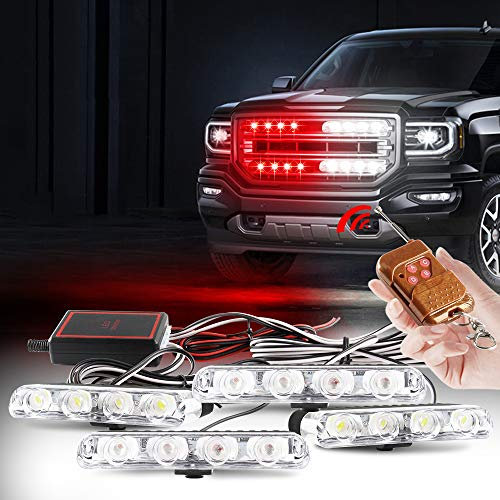 yifengshun Gyrophare LED 4 en 1 Télécommande Sans Fil DC12V -lumière stroboscopique feux DRL clignotant magnetique d'urgence signalement lumières pour auto véhicule (rouge & Blanc)