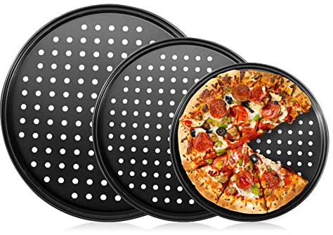 mobzio Teglia per pizza in acciaio con fori, teglia rotonda per forno, 22,9 cm, 28,9 cm, 30,5 cm, vassoio per pizza da forno antiaderente, set di teglie per pizza in acciaio (3 pezzi)