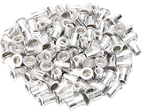 Rowiz 100 pezzi M6 testa piatta in alluminio rivetto dado cieco inserto dado zigrinato testa in acciaio assortimento di nutserts con filettatura interna, argento
