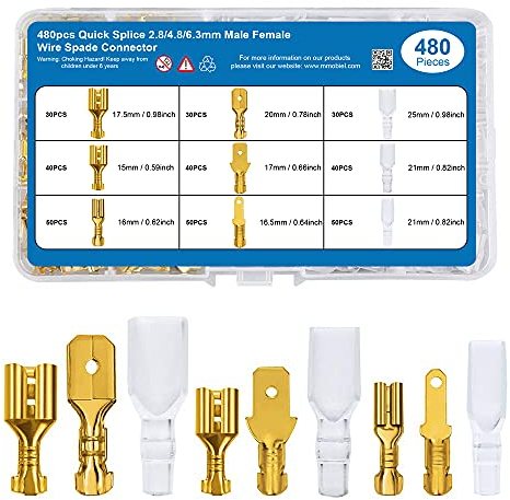 MMOBIEL 480 Pcs Spade Connectors Assortment Wire Crimp Terminal Block with insulating sleeves for Electrical Wiring - Car Audio Speaker Wiring - 2.8mm 4.8mm 6.3mm Male and Female - Gold