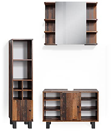 Vicco Badmöbel-Set Fynn, Badezimmerschrank-Set, Antikholz, 3 Teile, mit Midischrank Tür klein