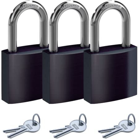 BASI | Vorhangschloss bunt im 3er Set | Farbe Schwarz | verschiedenschließend | 38 mm | Aluminium-Gehäuse | gehärteter Stahlbügel | sicheres Vorhängeschloss | 3 Stück