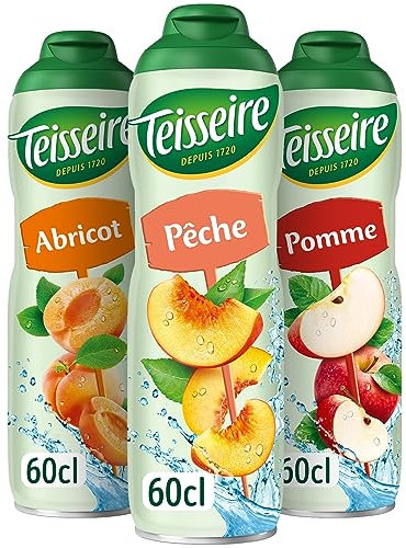 Lot de 3 sirops Teisseire (Pêche, Abricot, Pomme) pour Boisson Rafraîchissante, Cocktails, Bidon Recyclable 3x60cl