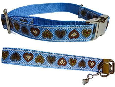 Hunde Halsband Hundehalsband + Schlüsselanhänger Trachten blau Herz längenverstellbar Gr M/L 31-48 cm