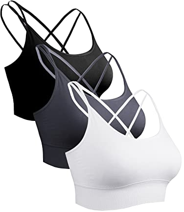 Sykooria Sport BH Damen Gepolstert Bustier Damen BH ohne Buegel Spaghettiträger Cross Back Design Push up BH Sport Bra Top für Yoga Fitness, Schwarz+Weiß+Dunkelgrau, S