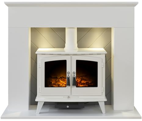 Adam Corinth Stove Fireplace in Pure White& Grey with Downlights & Woodhouse Electric Stove in White, 48 Inch